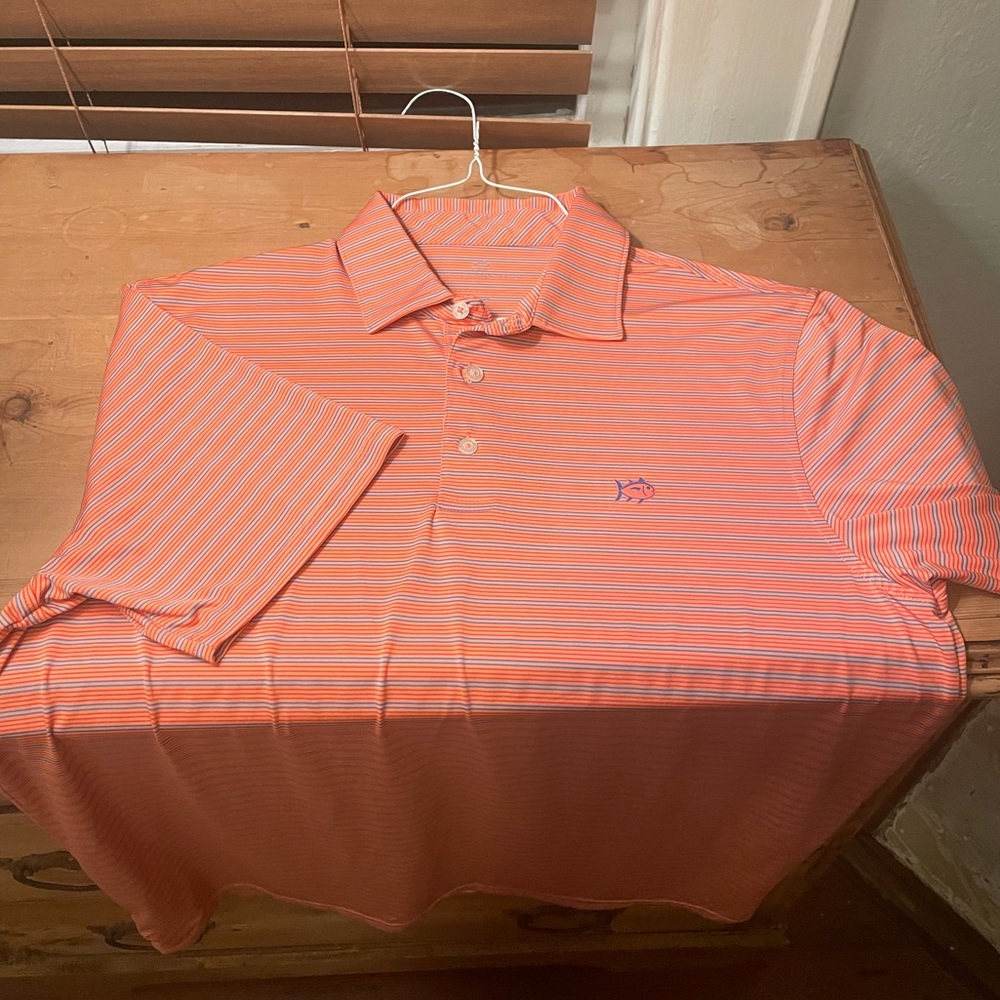 Southern Tide Men’s Orange Polo with Blue Stripe brrr technology Size Large